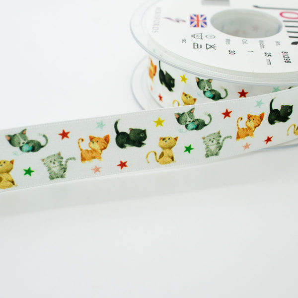 25mm Kittens on White Satin Ribbon by Berisfords
