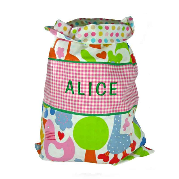 Child's Pink Nursery Animal Personalised Toy Sack Handmade in Pure Cotton and Fully Lined