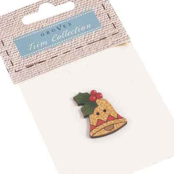 33mm Christmas Bell and Holly - Fabric Covered Wooden Button