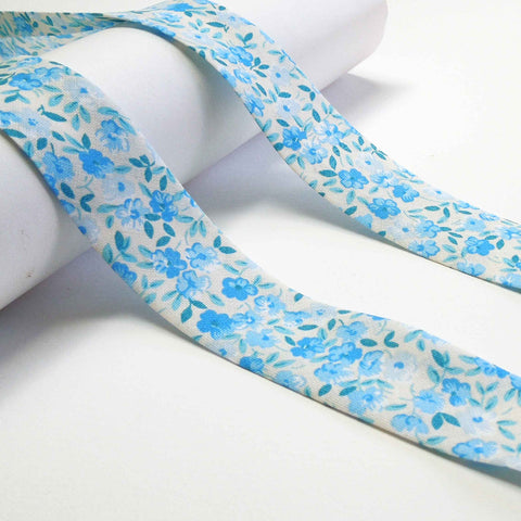 25mm Cotton Bias Binding Pale Blue Floral on White - Single Fold