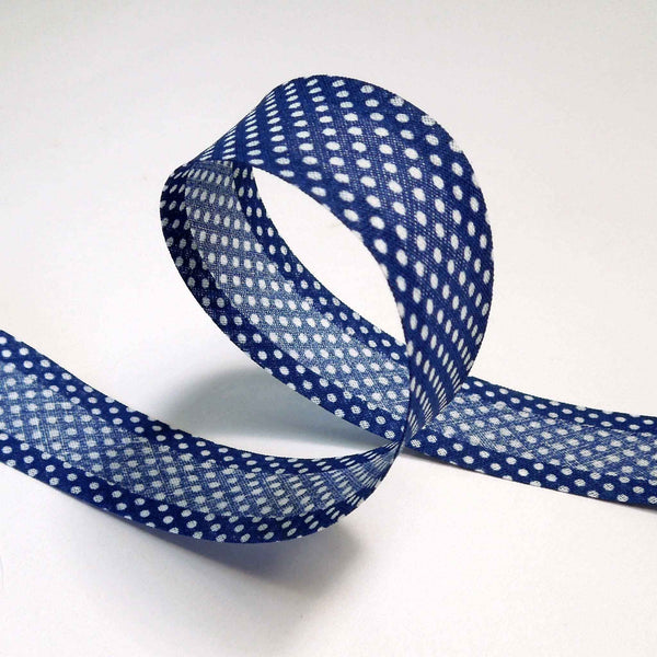 25mm Cotton Bias Binding Navy Blue Polka Dot - Single Fold