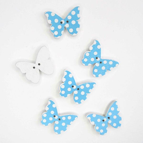 Blue Butterfly Wood Buttons, 2 Holes, Pack of 6 Buttons