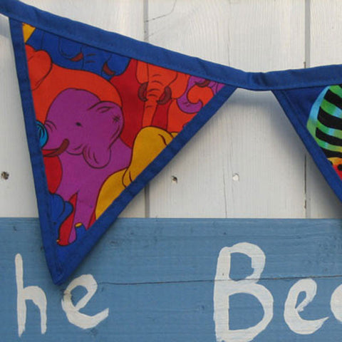 Children's Reversible Bunting, Blue Alphabet, Elephants and Dolphins Bunting Handmade in Pure Cotton