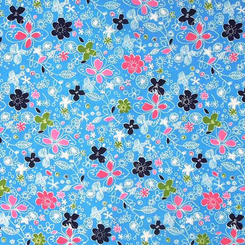 Pale Flower Cotton Fabric, Light Fabric with Pink, White and Dark Blue Flowers