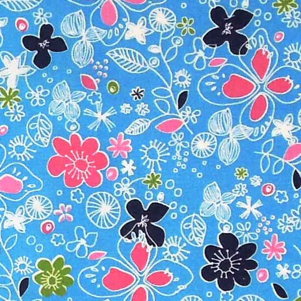 Pale Flower Cotton Fabric, Light Fabric with Pink, White and Dark Blue Flowers
