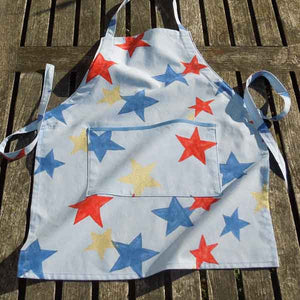 Toddler's Personalised Blue Retro Star Apron with Pocket, Handmade in Cotton, Ages 2 - 6 yrs