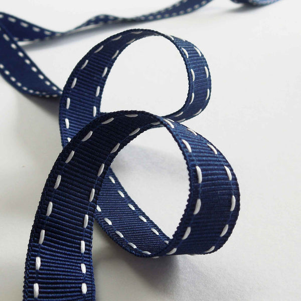 15mm Stitched Grosgrain Ribbon - Navy Blue and White - Berisfords - 4 Metre Reel