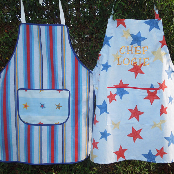 Personalized Stars Apron, Older Child's Retro Blue Apron with Pocket, Handmade in Pure Cotton, Ages 7 - 12 yrs