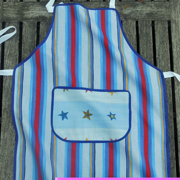 Older Child's Personalised Apron, Kid's Blue Stripe Apron with Pocket, Handmade in Pure Cotton, Ages 7 - 12 yrs