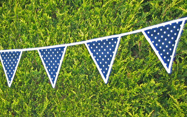 White on Navy Blue Luxury Polka Dot Bunting handmade in pure cotton with Gingham Drawstring Bag