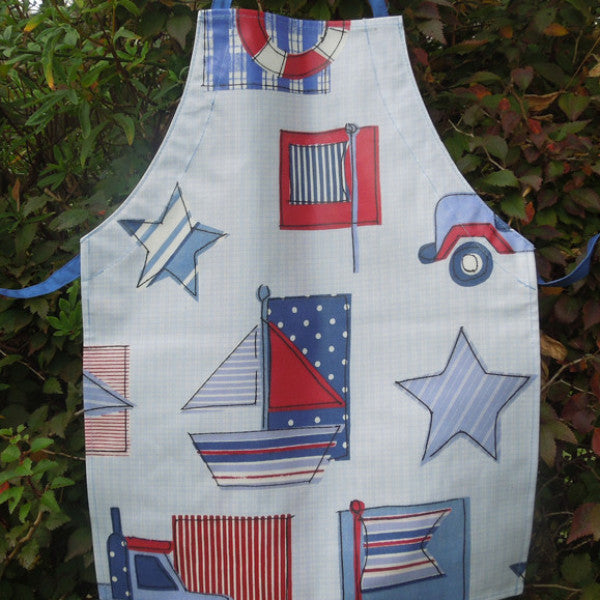 Child's Blue Sail Boat and Truck Oilcloth Monogram, Handmade Wipe Clean Apron, Ages 2 - 6 yrs