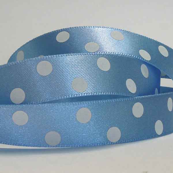 15 mm Cornflower Blue and White Polka Dot Satin Ribbon