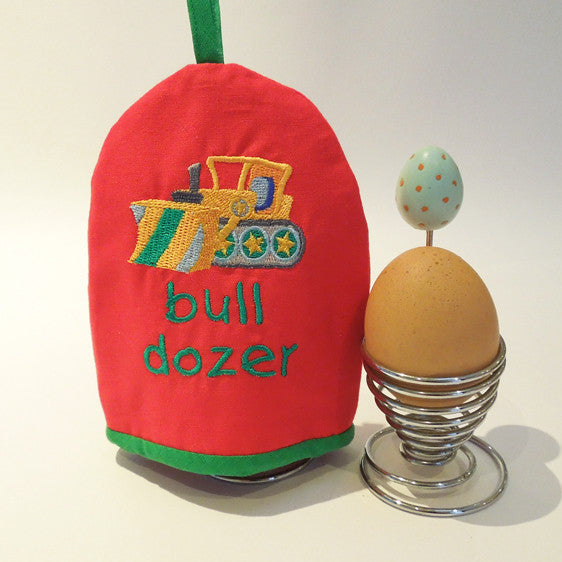 Kid's Red Egg Cosy plus Linen Drawstring Gift Bag, Embroidered Bulldozer Design, Handmade in Pure Cotton