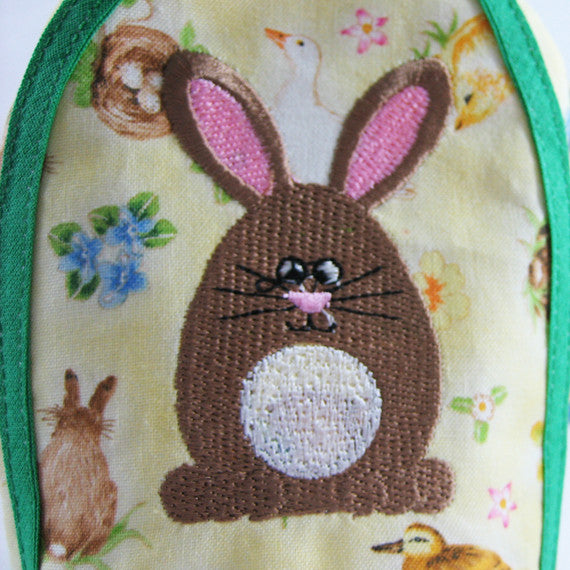 Yellow Spring Egg Cosy plus Linen Drawstring Gift Bag, Embroidered Rabbit Design, Handmade in Pure Cotton