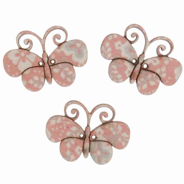 25 mm Pink Wooden Buttons, Pack of 3 Patterned Butterfly Craft Buttons