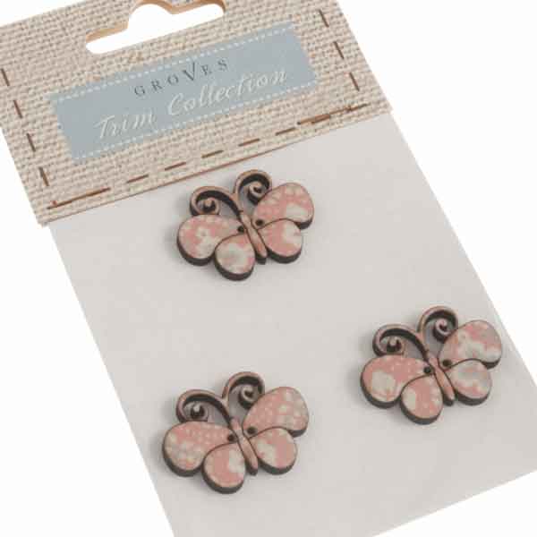 25 mm Pink Wooden Buttons, Pack of 3 Patterned Butterfly Craft Buttons