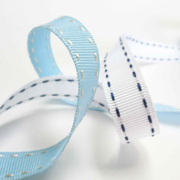 15mm Stitched Grosgrain Ribbon - Sky Blue and White - Berisfords - 4 Metre Reel