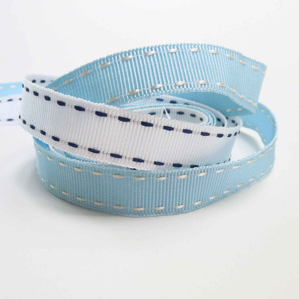 15mm Stitched Grosgrain Ribbon - Sky Blue and White - Berisfords - 4 Metre Reel
