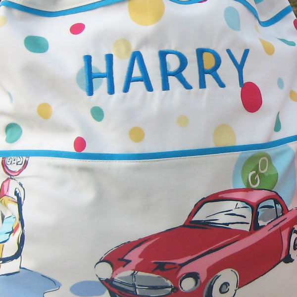 White Classic Cars Personalised Reversible Toy Sack Handmade in Pure Cotton and Fully Lined