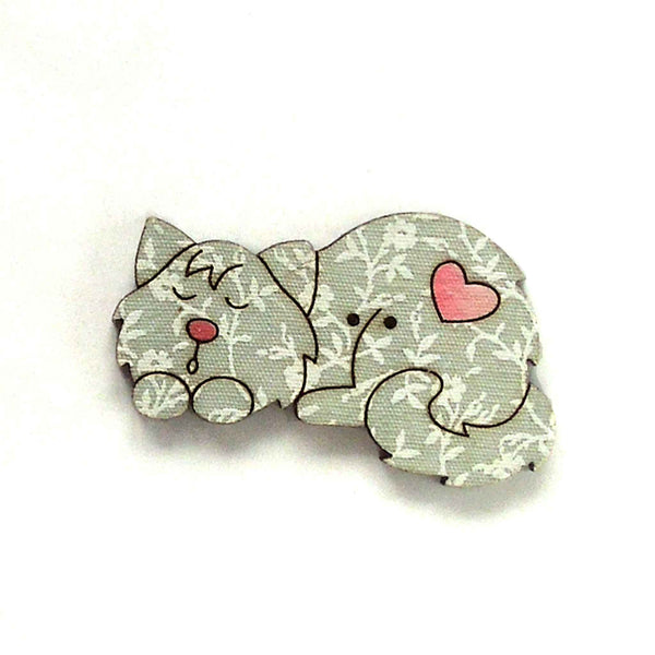 48 mm Sleeping Button, Kid's Grey Cat Hearts Fabric Covered Wooden Button for Sewing and Crafts