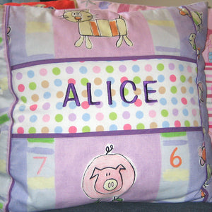 Kid's Farm Personalised Cushion, Child's Cushion Handmade in a Lilac Animal Cotton, inch 21 inch, x 53 cm