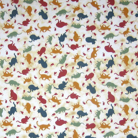 Small Coloured Cats Silhouettes Fabric, Cat Patterned Cotton Fabric