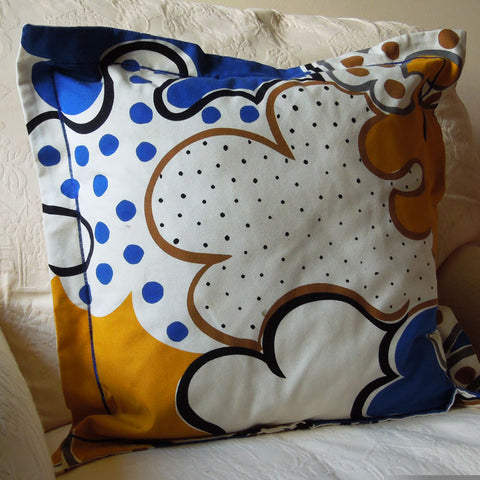 Coloured Swirls Spots Cushion, Handmade in a Cotton Blue and Gold Print with Satin Stitch embroidery, inch 21 inch, x 53 cm