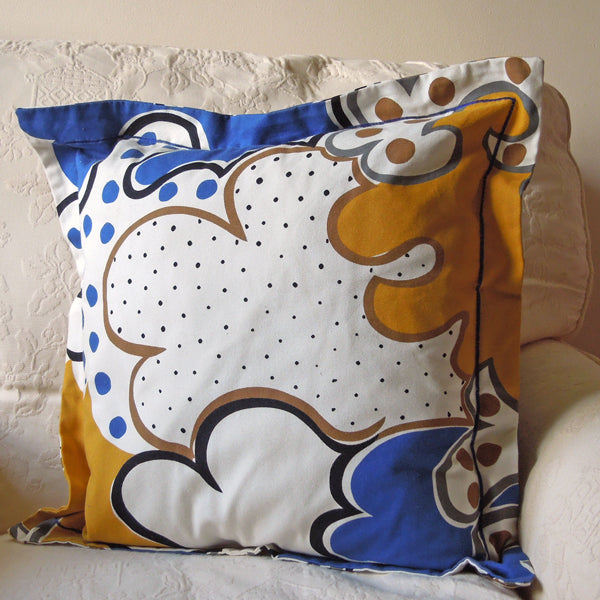 Coloured Swirls Spots Cushion, Handmade in a Cotton Blue and Gold Print with Satin Stitch embroidery, inch 21 inch, x 53 cm