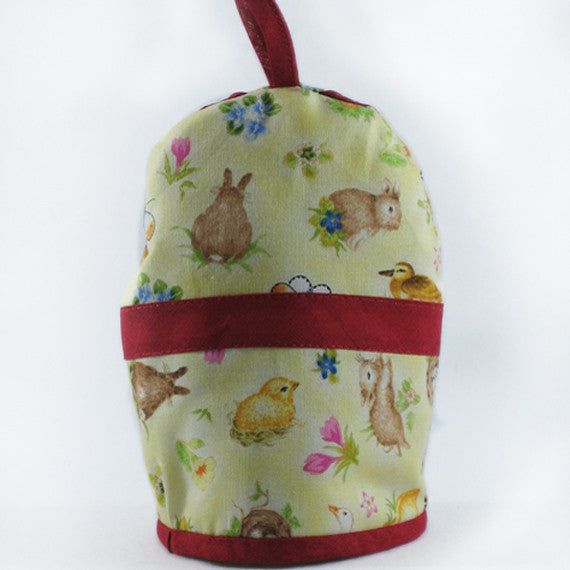 Yellow Spring Egg Cosy plus Linen Drawstring Gift Bag, Embroidered Puppy Design, Handmade in Pure Cotton