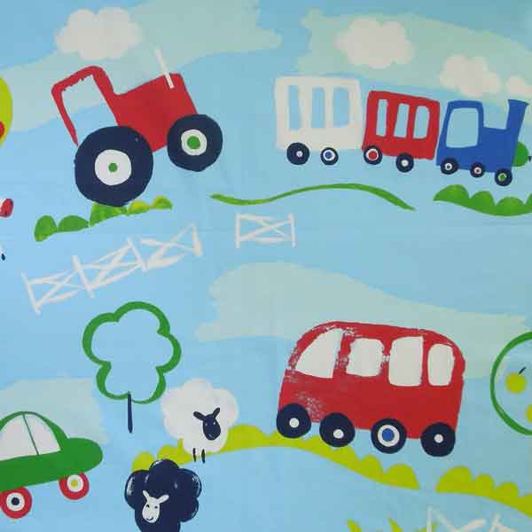 Countryside Cotton Furnishing by Prestigious Textiles, Child's Blue Car and Tractor Fabric