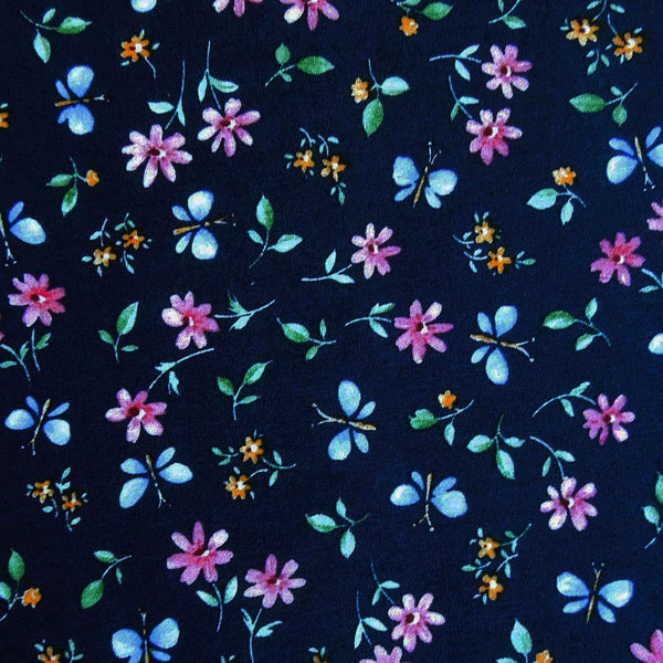 Small Flower and Butterfly Cotton Poplin Fabric - Navy Blue - Rose & Hubble