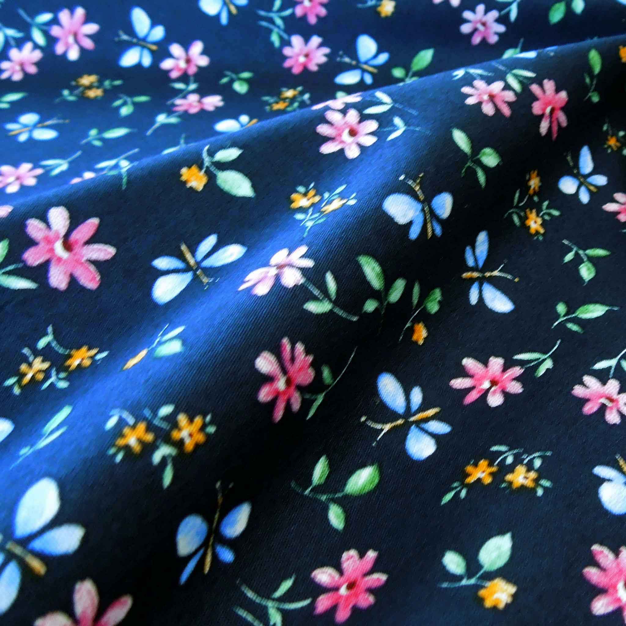 Small Flower and Butterfly Cotton Poplin Fabric - Navy Blue - Rose & Hubble
