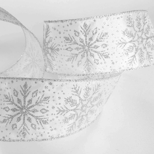 63 mm Silver Glitter Snowflakes - Wired Ribbon