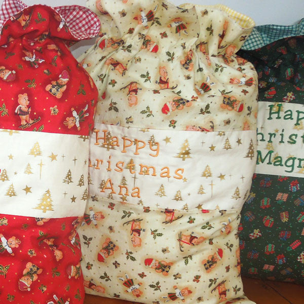 Christmas Personalised Teddies Toy Sack, Kid's Xmas Cream Cotton Storage Bag