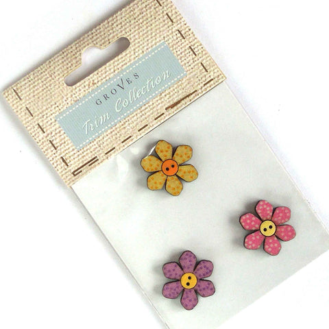 25 mm Daisy Wooden Flower Buttons, Pack of 3 Craft Buttons