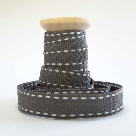 10mm Grey Stitched Craft Ribbon on Wooden Bobbin - 2 Metres