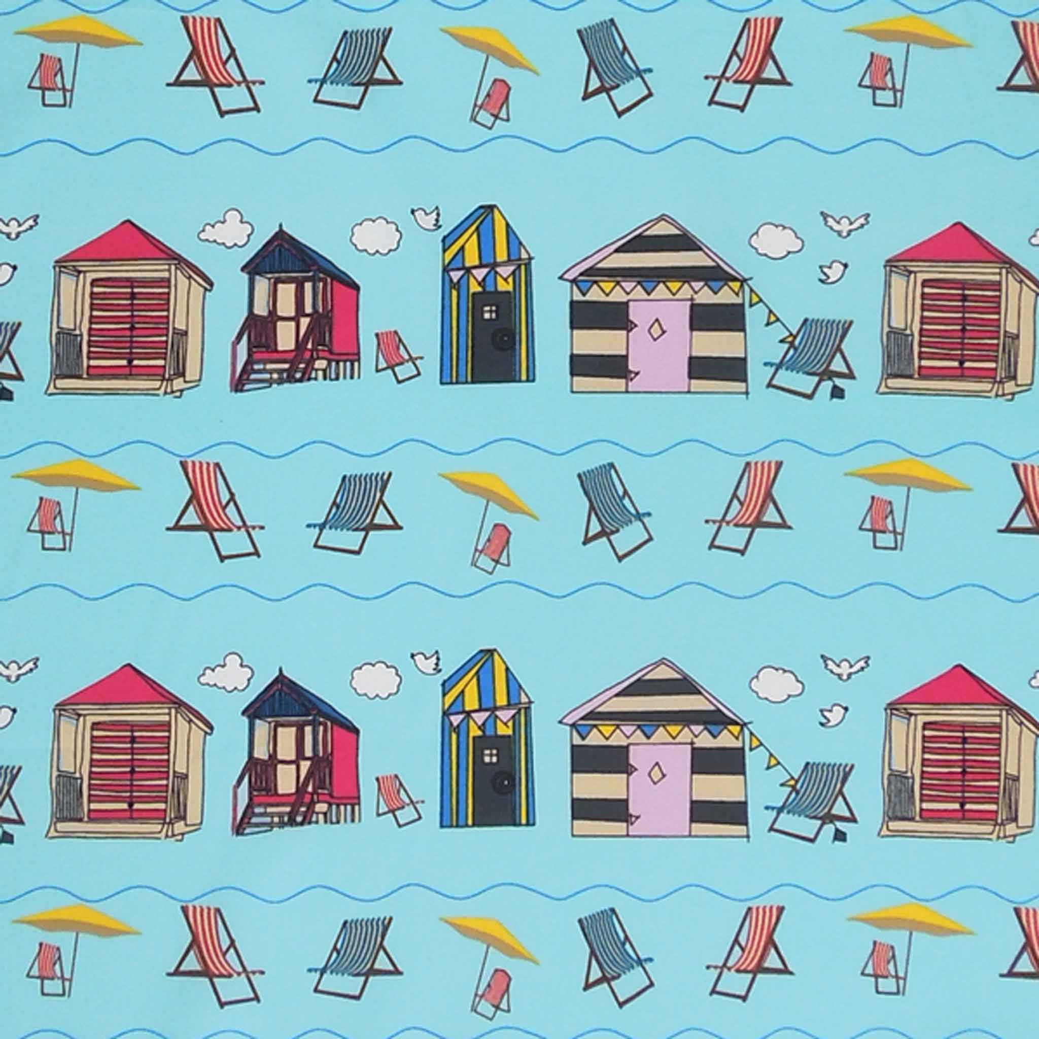 Beach Huts and Deckchairs on Blue Cotton Fabric