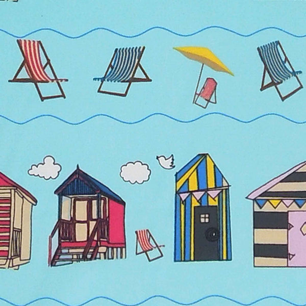 Beach Huts and Deckchairs on Blue Cotton Fabric
