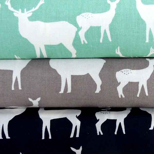 Organic Cotton Fabric, White Reindeer on Grey Fabric
