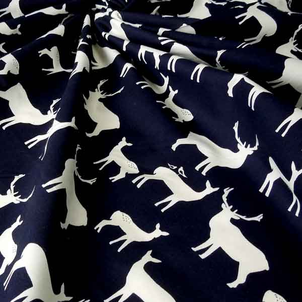 Dark Organic Cotton Fabric, White Reindeer on Blue Fabric