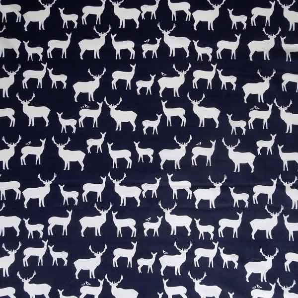 Dark Organic Cotton Fabric, White Reindeer on Blue Fabric