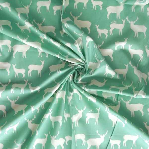 Organic Cotton Fabric, White Reindeer on Teal Green Fabric