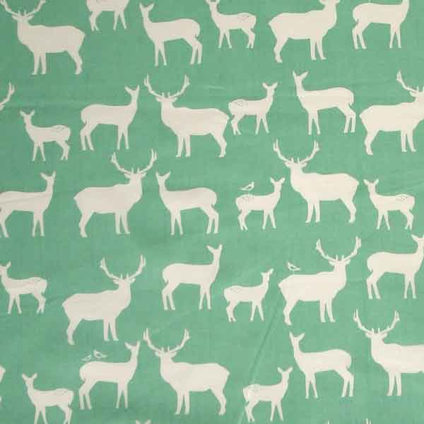 Organic Cotton Fabric, White Reindeer on Teal Green Fabric