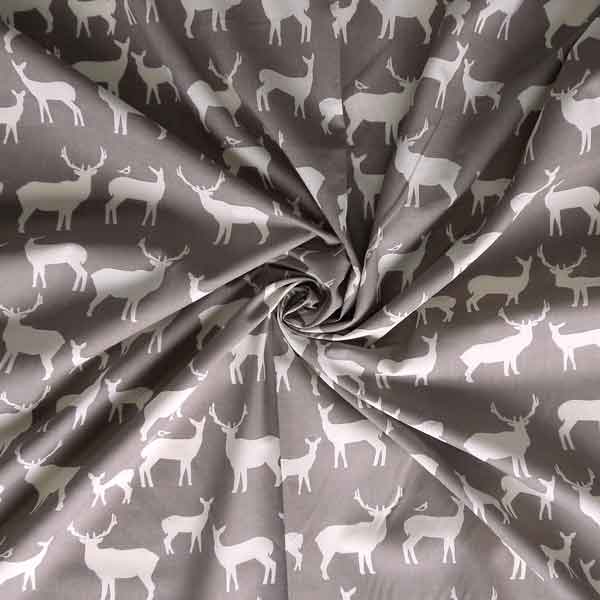 Organic Cotton Fabric, White Reindeer on Grey Fabric
