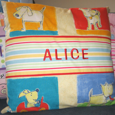 Kid's Dogs Personalised Cushion, Child's Cushion Handmade in a Yellow Puppy Cotton, inch 21 inch, x 53 cm