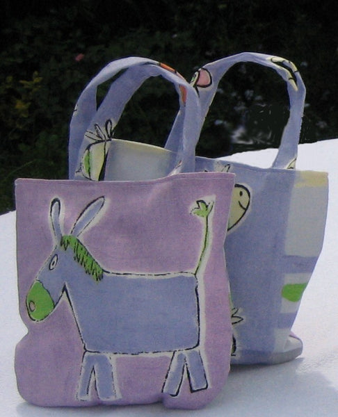 Kid's Neddy the Donkey Handbag handmade in lilac animal print cotton and fully lined. Mini Tote Bag, Children's Shopping Bag