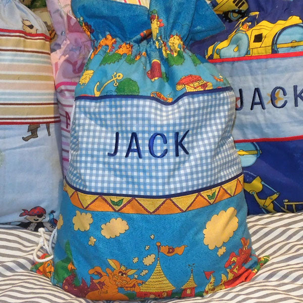 Child's Blue Dragons Personalised Toy Sack Handmade in Pure Cotton and Fully Lined