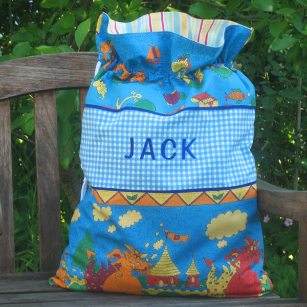 Child's Blue Dragons Personalised Toy Sack Handmade in Pure Cotton and Fully Lined