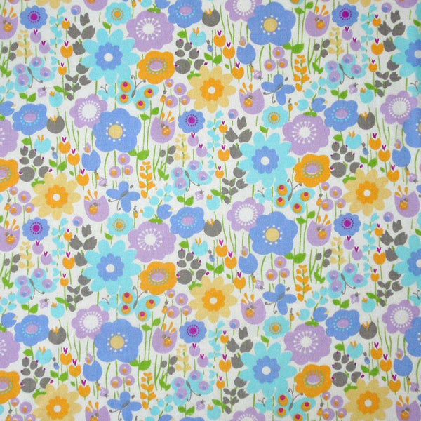 Pastel Cotton Fabric, Blue, Yellow Lilac Flower and Butterfly Fabric