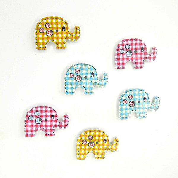 Kid's Blue Elephant Wood Buttons, 2 Holes, Pack of 6 Buttons